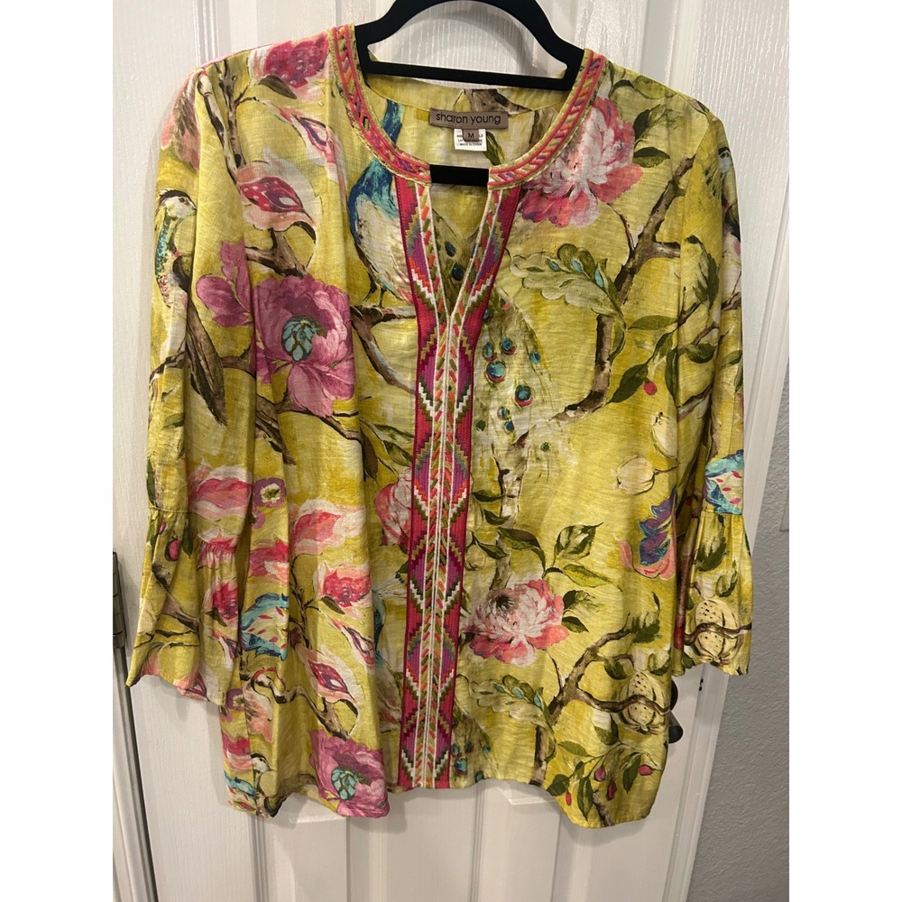 Sharon Young‎ Tunic Yellow Floral Peacock Embroidered Ruffle Sleeve Boho Top